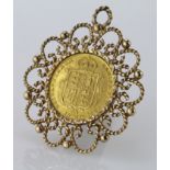 Half sovereign 1887 (jubilee head) in an ornate 9ct pendant mount, total weight 7.8g