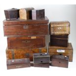 Thirteen wooden boxes of various sizes, including walnut examples etc., in need of restoration,