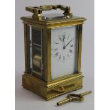 Large French brass Grande Sonnerie five glass carriage clock, with two gongs striking on the