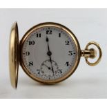 Gents 9ct cased hunter pocket watch. Hallmarked Birmingham 1954. The white dial with arabic numerals
