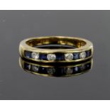 18ct yellow gold half eternity ring set with alternate priincess cut sapphires and round diamonds in