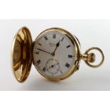 Gents 18ct cased full hunter pocket watch by Benson, Hallmarked London 1920. The white dial with