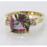 9ct Gold Mystic Topaz and Diamond set Ring size O weight 3.3g