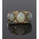 22ct yellow gold opal three stone ring with diamond highlights, finger size Q, weight 6.3g