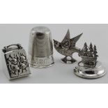 Four novelty silver items - three with rubbed marks and one hallmarked for London 1899. The items