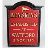 Advertising. Enamel sign 'Benskins, Established at Watford Since 1750', in a cast iron frame, 43cm x