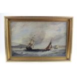 Oil on canvas, seascape, depicting several boats with cliffs in the background, unsigned, gilt