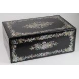 Black lacquered writing slope with ornate mother of pearl inlaid decoration, missing internal