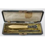 White Metal letter opener & dip pen set, each with decorative floral handles, contained in fitted