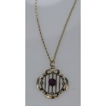 9ct yellow gold pendant set with single garnet and seed pearls on 16" fine belcher chain, weight 3.
