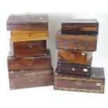 Ten wooden boxes of various sizes, including writing slopes, stationary boxes, etc., in need of
