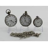 Three silver cased pocket watches all AF along with a silver "T" bar pocket watch chain (69.9g).