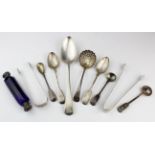 Silver. A collection of hallmarked silver items, including sugar tongs, spoons, double ended cut