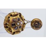 9ct circular brooch set with amethyst and pearl with pendant dropper, weight 11.4g
