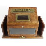 Postal interest. Edwardian oak & brass hotel post box for letters & telegrams, height 27cm, width