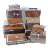 Twelve wooden boxes of various sizes, including tea caddies etc., in need of restoration,