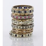 Set of 9ct Gold stone set Full Hoop Eternity Rings (6) weight 17g