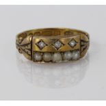 15ct Gold Ring set with Diamonds and Seed Pearls size N weight 2.4g