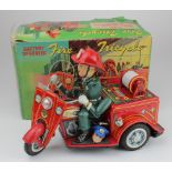 Japanese tinplate Battery Operated Fire Tricycle toy, made by T.N. (Nomura) circa 1960s, contained
