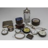 Silver. A collection of mostly hallmarked silver items (some plated), including cigarette case,
