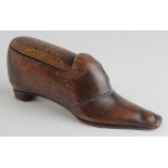 Carved oak snuff box with lid in the form of a shoe, circa 19th Century, length 14cm approx.