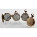 Four gold plated pocket watches, two full hunters & two open face. Makes include Waltham & Elgin