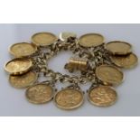 9ct gold charm bracelet with one charm attached & eleven gold sovereigns. Total weight 139.8g