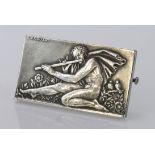 French Art Deco silver plated ? rectangular brooch, depicting a seated Pan playing his flute with