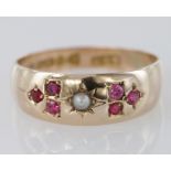 9ct Gold Ruby and Seed Pearl Ring size O weight 2.5g