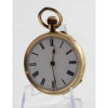 Ladies 14ct cased fob watch, the white dial with black roman numerals. Approx 38mm dia, watch not