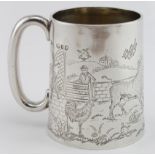 Late Victorian engraved silver christening mug shows a very interesting farmyard scene. Hallmarked
