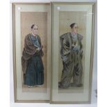 Two large Japanese paintings on silk, depicting two Samurai warriors in traditional dress, each