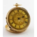 Ladies 18ct cased pocket watch, hallmarked Birmingham 1900, the gilt dial with black roman