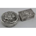 Two silver boxes one with very rubbed continental marks and one hallmarked Birm. 1981. Weighs 2oz