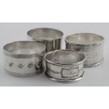 Four silver napkin rings - various hallmarks. Weighs 3.5oz approx.
