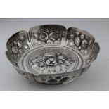 Victorian silver bowl with embrossed fruit decoration, hallmarked 'J.H.R, London 1888' (John Henry