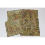 Three old French tapestries, depicting classical scenes, largest 48cm x 29.5cm approx. and smaller