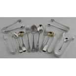 Thirteen Pieces of silver flatware, includes five pairs of sugar tongs, two victorian salt
