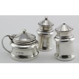 Three piece silver cruet set comprising salt, pepper & mustard - hallmarked Birm 1947 (2) and