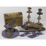 Champleve enamel desk set, comprising pen / quill stand, chest, inkwell & pair of candlesticks (sold