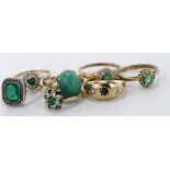 Collection of 9ct Gold Green stone set Rings (7) weight 18.3g