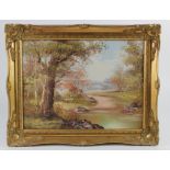 Oil painting depicting an old house next to a river, surrounded by trees, gilt frame, image size