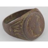 Roman circa 100 AD bronze ring with coin of Emperor Domitian on bezel, 24mm