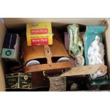 Miscellanea. A box of miscellaneous items, including pipes, clocks, binoculars, fishing reels etc.