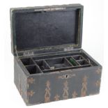 Morocco leather bound sewing / jewellery box, with ornate metal mounts, handle to lid, with internal