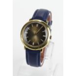 Gents Bulova accutron wristwatch circa 1976. On a blue strap.