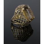 9ct gold smoky quartz dress ring with lattice mount, finger size L weight 10.6g