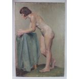 Nude. Oil on canvas, depicting a transgender woman leaning on a cloth covered table, circa early