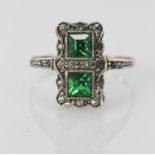 9ct and silver dress ring set with green paste and diamonds, finger size M weight 1.8g