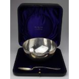 Silver cereal bowl & spoon set, both hallmarked 'W&H, Sheffield 1912', engraved to side of bowl '